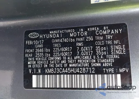 2017 Hyundai Tucson Se from USA, damaged, VIN KM8J3CA45HU428712